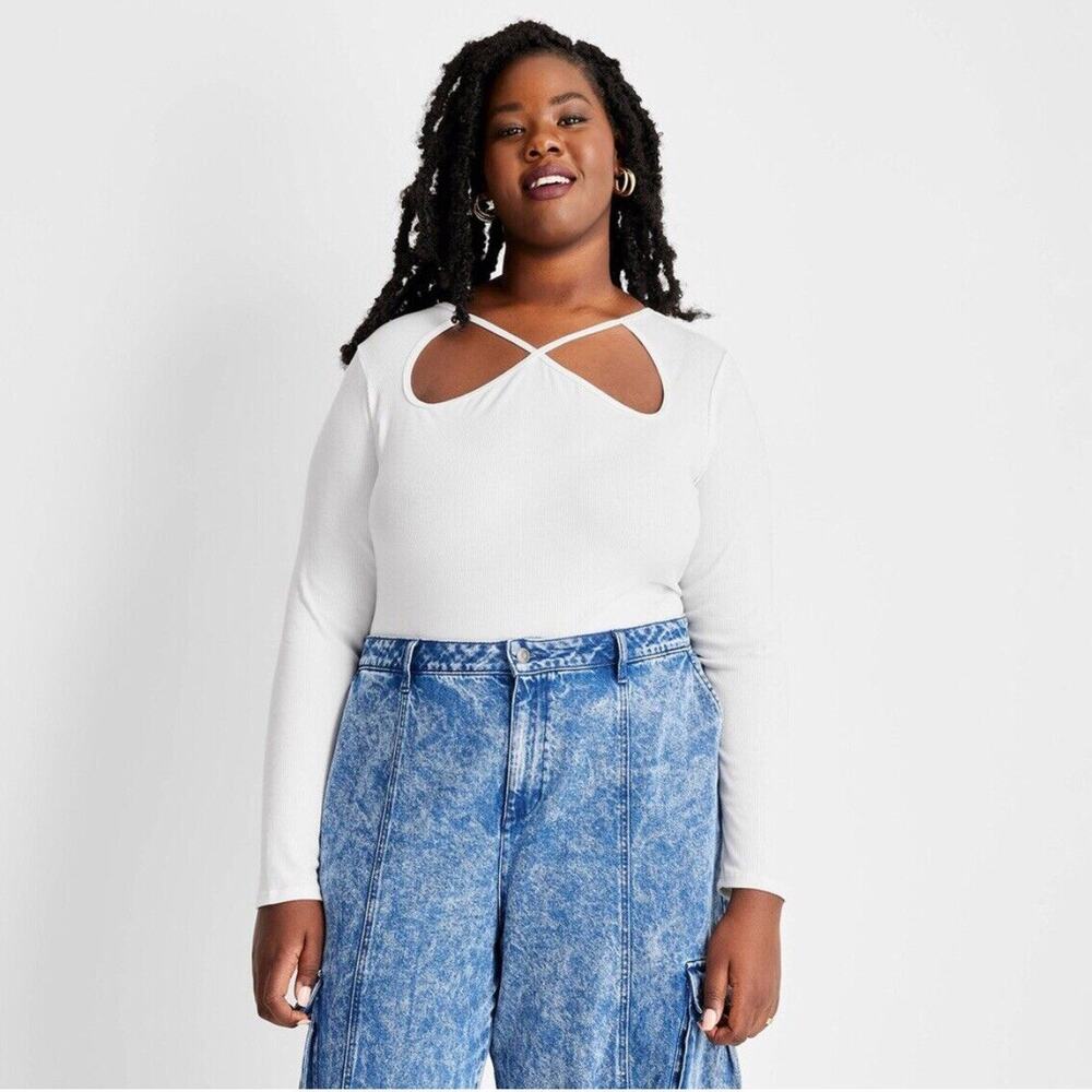 Future Collective Women's Plus Size 1X Bodysuit Ribbed Cut Out White Long Sleeve